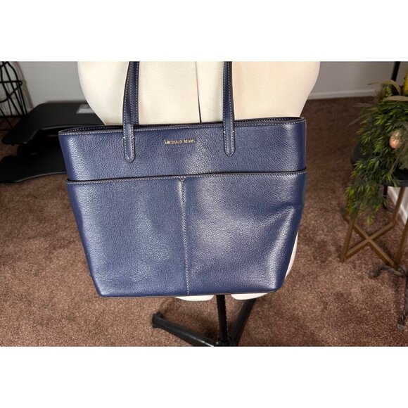 Michael Kors Logo Navy Blue Leather Tote Bag Purse | Dual Handles Front Pockets - Picture 13 of 15